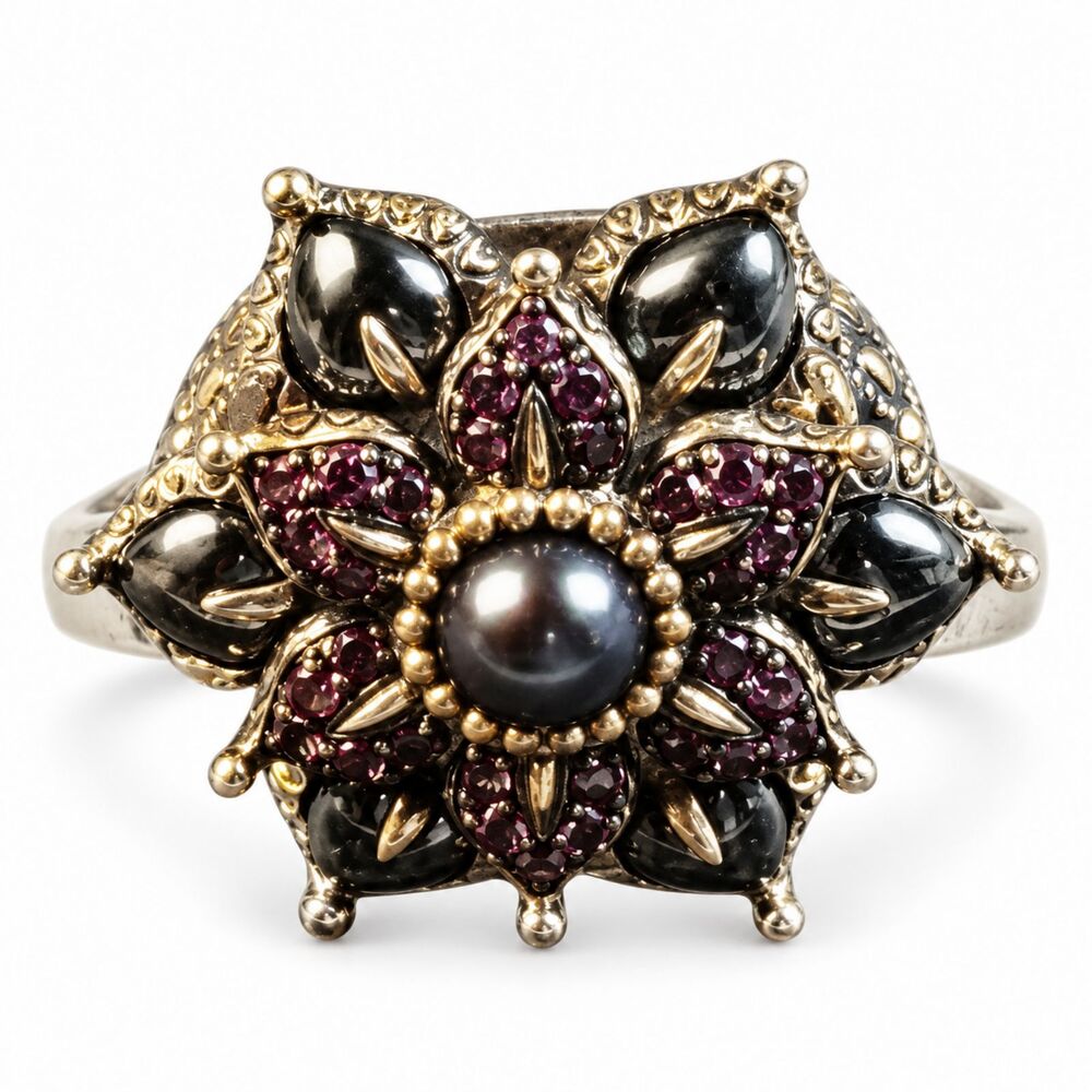 Barbara Bixby Sterling Silver 18K Black Pearl Garnet Flower Cocktail Ring Size 8